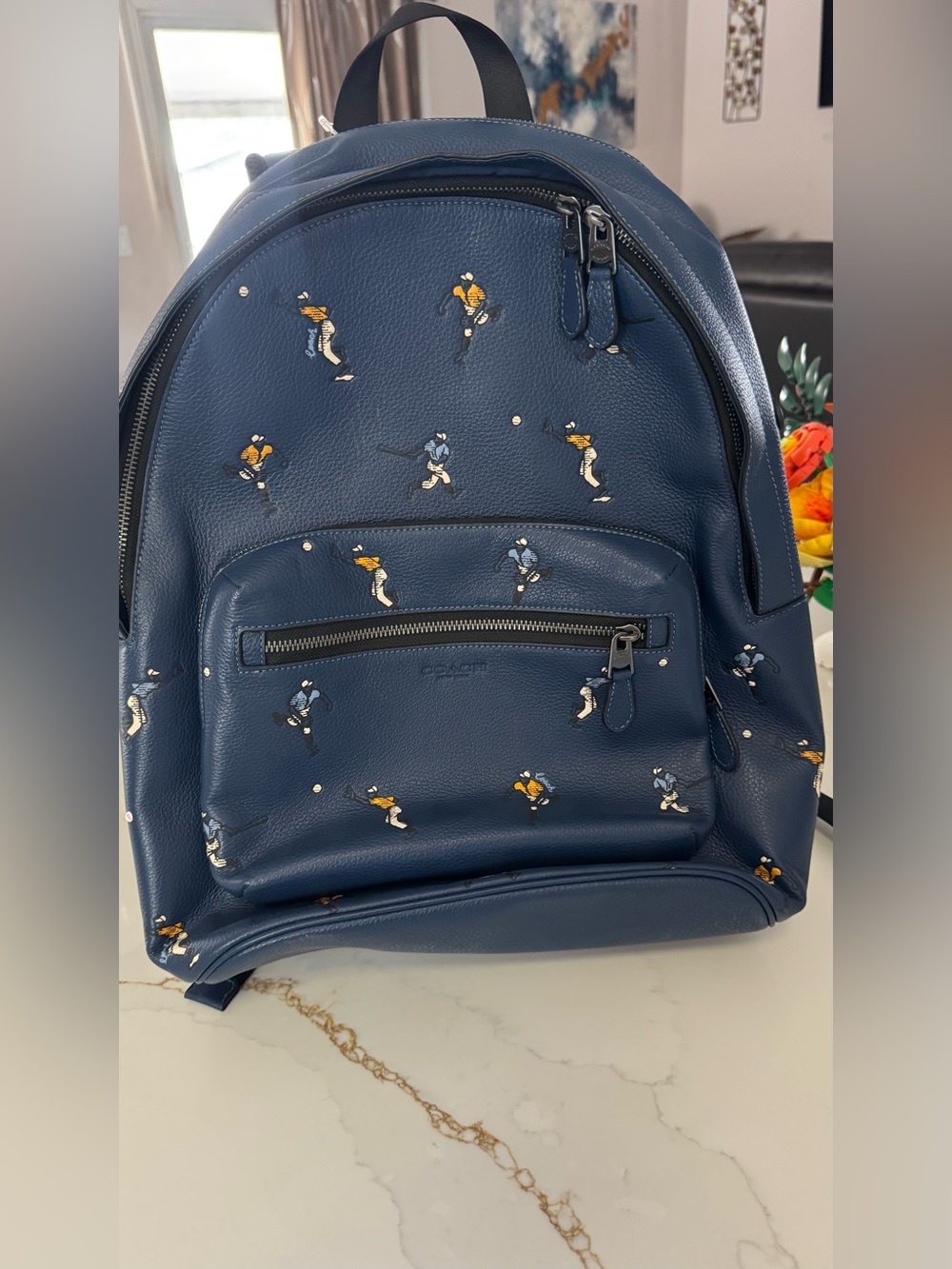 Coach Blue Leather Backpack with baseball Player Print